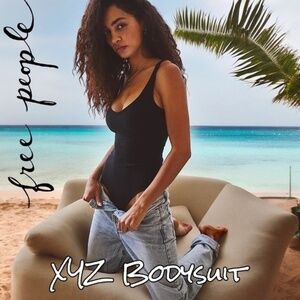 FREE PEOPLE XYZ Ribbed Sleeveless Stretch Fit Thong Bodysuit in Black  NWT